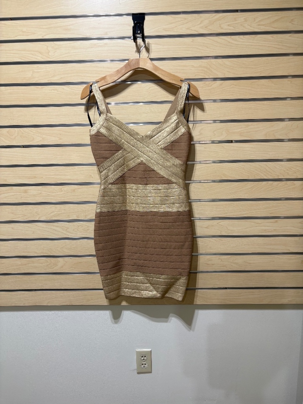 Bebe NWT taupe and metallic gold bandage bodycon mini dress size S